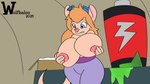 anthro big_breasts blonde_hair blue_eyes breast_growth breasts chemicals clothed clothing female growth hair hand_on_breast holding_breast huge_breasts nipples nude simple_background solo tail thick_thighs topless wolfbaloo chip_'n_dale_rescue_rangers disney gadget_hackwrench mammal mouse murid murine rodent animated loop short_playtime