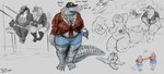 anthro beverage_can big_breasts bottomwear breasts clothing curvy_figure duo female fishing_rod flannel_shirt genitals hands_behind_head hat headgear headwear hotpants jewelry kneeling necklace nipples non-mammal_breasts non-mammal_nipples overweight overweight_anthro overweight_female pussy scar sharp_teeth shirt shorts tail teeth thick_tail tied_shirt topwear voluptuous voluptuous_female doctordj amelia_(doctordj) rebecca_maldovich alligator alligatorid catfish crocodilian felid fish mammal marine pantherine reptile scalie tiger absurd_res hi_res sketch