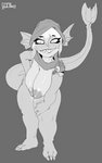 anthro big_breasts breasts claws female nipples pupils sharp_teeth slit_pupils solo standing teeth gcfmug dota valve slark_the_nightcrawler marine 2018 greyscale hi_res monochrome