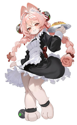 3_toes ahoge anthro apron barefoot black_clothing black_dress braided_pigtails clothed clothed_anthro clothed_female clothing dress ear_piercing ear_ring feet female fully_clothed fully_clothed_anthro fully_clothed_female fur hair holding_object holding_plate inner_ear_fluff maid_headdress maid_uniform paws piercing pink_body pink_fur pink_hair plate red_eyes ring_piercing simple_background toes tuft uniform white_apron white_background white_clothing norankkori mihoyo zenless_zone_zero zhao_(zenless_zone_zero) lagomorph leporid mammal rabbit thiren absurd_res hi_res