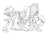 4_tails amputee anthro bandage biped bottomwear claws clothed clothing disability fangs fluffy fluffy_tail front_view group half-closed_eyes inner_ear_fluff long_tail looking_at_viewer male missing_arm multi_tail narrowed_eyes pants plantigrade shorts simple_background standing tail teeth trio tuft white_background soina mythology sega sonic_the_hedgehog_(series) canid canine dragon eulipotyphlan fox hedgehog hybrid mammal mythological_creature mythological_scalie scalie 2025 absurd_res hi_res monochrome sketch