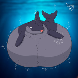 belly big_belly blowhole bubble dolphin_tail dorsal_fin female feral fin grey_belly grey_body grey_fin huge_belly looking_at_viewer overweight rumbling_stomach solo toony underwater water yauhasart hera_(reececav27) aquatic cetacean dolphin mammal oceanic_dolphin orca toothed_whale 1:1 2026 flat_colors hi_res watermark