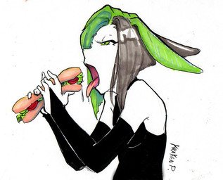 bodily_fluids bread clothed clothing eyebrows eyelashes female food fruit green_eyes green_hair grey_hair hair half-closed_eyes lettuce narrowed_eyes open_mouth plant saliva sandwich_(food) simple_background solo text tomato tongue tongue_out vegetable white_background krakenparty animal_humanoid humanoid lagomorph lagomorph_humanoid leporid_humanoid mammal mammal_humanoid rabbit_humanoid 2018 english_text signature traditional_media_(artwork)