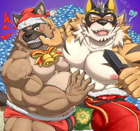 abs anthro bell bell_collar blush bulge christmas_clothing clothing collar drunk duo hand_fan holidays male musclegut muscular muscular_anthro muscular_male nipples pecs sex speedo substance_intoxication swimwear gapao christmas lifewonders live_a_hero tokyo_afterschool_summoners ryekie_(live_a_hero) yasuyori_(tas) canid canine canis domestic_dog felid mammal pantherine tiger crossover hi_res