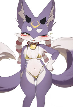 anthro bikini biped breasts butt butt_from_the_front camel_toe clothed clothing female front_view fur kemono looking_at_viewer multicolored_body one_eye_closed purple_body small_breasts solo swimwear two-piece_swimsuit white_body wink homuro golden_week ena_(homuro) canid canine fox mammal hi_res