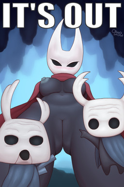 2_horns ambiguous_gender anthro areola big_breasts biped black_body black_eyes blush blush_lines breasts cape cape_only cloak clothed clothing empty_eyes female fingers genital_focus genitals gesture hand_gesture horn humanoid_genitalia innie_vulva looking_at_viewer low-angle_view mostly_nude nipples pointing presenting presenting_vulva standing stylized_empty_eyes thick_thighs vulva weapon weapon_on_back oliversart hollow_knight:_silksong hollow_knight_(franchise) soyjak team_cherry two_soyjaks_pointing hornet_(hollow_knight) the_knight_(hollow_knight) zote_(hollow_knight) arthropod vessel_(species) 2025 2:3 absurd_res hi_res meme