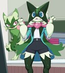 2024 ambiguous_gender anthro blue_eyes bottomwear clothed clothing duo floragato fur generation_9_pokemon green_body green_fur hi_res implied_transformation liko_(pokemon) meowscarada multicolored_body multicolored_fur nintendo open_mouth pata pink_eyes pokemon pokemon_(species) shorts standing two_tone_body two_tone_fur