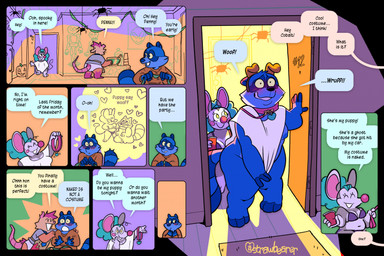 anthro bdsm bra breasts clothing collar dialogue embarrassed feet female group holidays leash male overweight overweight_anthro overweight_female petplay public roleplay speech_bubble tail text thought_bubble trio underwear strawbearer halloween cobalt_(strawbearer) penny_(strawbearer) american_opossum mammal marsupial mouse murid murine procyonid raccoon rodent comic english_text hi_res trans_(lore) trans_woman_(lore)