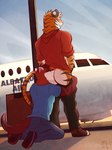 aircraft airplane airport anal anthro bottomwear bottomwear_down butt clothed clothing duo eyewear fangs glasses kneeling male male/male oral pants pants_down partially_clothed paw_shoes public public_sex rear_view rimming sex stripes suitcase teeth vehicle whiskers ventkazemaru domestic_ferret felid mammal mustelid musteline pantherine tiger true_musteline weasel hi_res