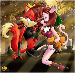 anthro bdsm_gear boots breasts clothing covered_nipples cuddling detailed_background duo erect_nipples female female/female footwear forest fur leather leotard log nature naughty_face nipple_outline nipples open_mouth outside pink_body pink_fur plant red_body red_fur seductive shoes smile tail tree wood hentai_boy_(artist) archie_comics fighting_foodons sega sonic_the_hedgehog_(archie) sonic_the_hedgehog_(comics) sonic_the_hedgehog_(series) clawdia_dia fiona_fox canid canine domestic_cat felid feline felis fox mammal crossover