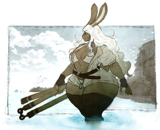 anthro belt big_ears bikini breasts brown_body brown_fur cleavage clothed clothing cloud curvy_figure eyewear female fingerless_gloves fur glasses gloves hair handwear holding_object holding_weapon jacket landscape legwear long_hair medium_breasts melee_weapon navel navel_piercing open_clothing open_jacket open_topwear partially_submerged piercing rectangular_glasses sky smile solo staff swimwear thick_thighs thigh_highs three-section_staff topwear two-piece_swimsuit water weapon white_hair wide_hips zipper itzjaylock rayne_(itzjaylock) ambient_bird lagomorph leporid mammal rabbit hi_res