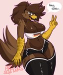 absolute_territory absurd_res accipitrid accipitriform anthro ara_squawks avian beak big_breasts big_tail bird breast_squish breasts brown_body cleavage clothed clothing crop_top eagle feathers female flirting fluffy german_flag hi_res legwear midriff monika_(ara_squawks) shirt solo squish tail tight_clothing topwear