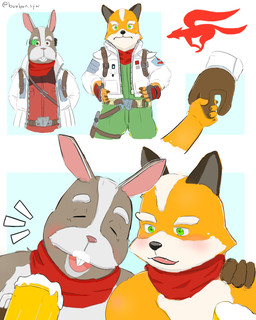 anthro duo exhibitionism male boubaniq nintendo star_fox canid canine fox lagomorph leporid mammal rabbit 4:5 absurd_res hi_res