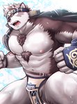 abs accessory anthro armguard balls body_hair bottomwear chest_hair clothing coat_cape fist fur genitals grey_body grey_fur headband loincloth male muscular muscular_anthro muscular_male nipples pecs solo kemokemumaki lifewonders tokyo_afterschool_summoners horkeu_kamui_(tas) canid canine canis mammal wolf hi_res