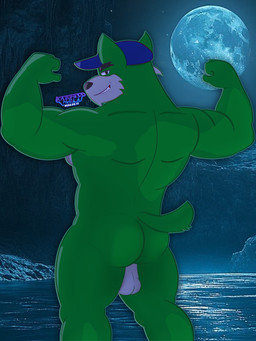 anthro balls barazoku big_butt black_eyes blue_cap butt cave clothing flexing fur genitals green_body green_fur grin grinning_at_viewer hat headgear headgear_only headwear headwear_only looking_at_viewer looking_back male mostly_nude muscular muscular_anthro muscular_male night nude smile smiling_at_viewer solo tail conditional_dnp kazuhisa_(artist) richard_devil dasyurid dasyuromorph mammal marsupial tasmanian_devil 2026 3:4 absurd_res hi_res