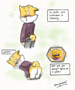 anthro anus backsack balls bent_over blush bottomwear bottomwear_down butt clothed clothing duo embarrassed genitals male male/male mooning outdoor_nudity pants pants_down partially_clothed presenting presenting_hindquarters speech_bubble tail text underwear underwear_down bounceeed bird_dog canid canine canis domestic_dog golden_retriever hunting_dog mammal retriever shiba_inu spitz colored english_text hi_res