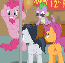 anus backsack balls black_hair bodily_fluids clitoris cum dock_(anatomy) erection eyewear female feral genital_fluids genitals group hair hooves male nude penis perineum pink_hair pole presenting puffy_anus smile strip_club stripper stripper_pole sunglasses tail underhoof vaginal_fluids vulva young multiverseequine friendship_is_magic hasbro my_little_pony mythology pinkie_pie_(mlp) rumble_(mlp) scootaloo_(mlp) spike_(mlp) dragon earth_pony equid equine horse mammal mythological_creature mythological_scalie pony scalie