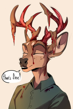 anthro antlers blood bodily_fluids clothed clothing gore horn male simple_background smile solo text drmax deer mammal 2021 bust_portrait digital_media_(artwork) english_text portrait
