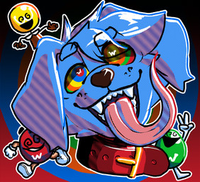blue_body blue_fur candy dessert food fur group head_only hypnotic_eyes long_tongue male ringed_eyes tongue imgloka m&m's mars_incorporated canid canine canis domestic_dog food_creature living_candy mammal absurd_res dithering hi_res screentone