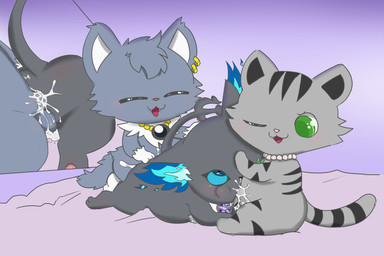 anal anal_penetration anthro anus balls balls_touching bangs black_body black_eyes black_fur blue_eyes blue_sclera bodily_fluids butt chibi cum cum_from_nose cum_in_ass cum_in_nose cum_inside cum_on_butt cum_on_face cum_on_penis cum_on_self ear_piercing ear_ring eyes_closed eyes_rolled_up fellatio fire forked_tail fur genital_fluids genitals green_eyes grey_body grey_fur group jewelry looking_at_another looking_at_partner male male/male markings neck_tuft necklace one_eye_closed oral pawpads penetration penile penis piercing raised_tail ring_piercing sex smile spitroast striped_body striped_fur striped_markings striped_tail stripes tail tail_markings trio tuft unusual_anatomy unusual_tail drugolld disney jewelpet sanrio sega_fave twisted-wonderland dian_(jewelpet) grim_(twisted-wonderland) tour_(jewelpet) american_shorthair domestic_cat felid feline felis maine_coon mammal monster hi_res