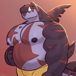 anthro biceps black_nipples blep bottomwear brown_background brown_markings clothing dorsal_fin elbow_fin eyes_closed fangs fin gills hand_on_side male markings muscular muscular_anthro muscular_arms muscular_male nipples non-mammal_nipples notched_fin pecs simple_background solo tail teeth tongue tongue_out yellow_bottomwear yellow_clothing same22shark nelson_(same22shark) aquatic fish shark 1:1 2022 digital_media_(artwork) half-length_portrait hi_res portrait signature