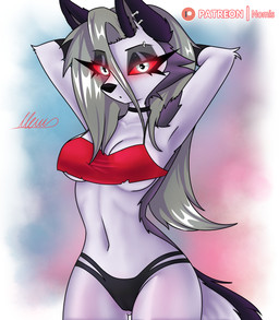 anthro breasts cleavage clothed clothing ear_piercing eyebrow_piercing eyeshadow facial_piercing female glowing glowing_eyes hair makeup piercing simple_background skimpy solo tail thong topwear under_boob underwear wide_hips nomis hellaverse helluva_boss mythology loona_(helluva_boss) canid canid_demon canine demon hellhound mammal mythological_canine mythological_creature absurd_res hi_res