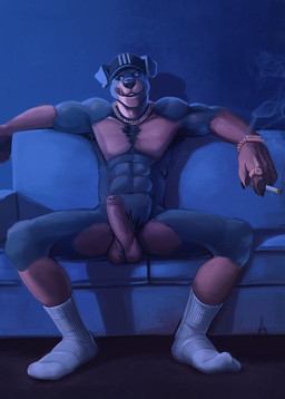 anthro cigarette clothing footwear foreskin genitals humanoid_genitalia humanoid_penis male penis smoking socks solo white_clothing white_footwear white_socks rivcat canid canine canis domestic_dog mammal mastiff molosser rottweiler hi_res
