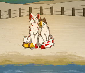ambiguous_gender beach black_nose blue_eyes brown_body brown_fur brown_inner_ear_fluff detailed_background digitigrade duo evening fence feral fur head_tuft inner_ear_fluff markings outside paws red_body red_eyes red_fur red_inner_ear_fluff red_nose red_spots sand sea seaside sitting spots spotted_body spotted_fur tail_around_another tuft water white_body white_fur yellow_body yellow_fur sebdoggo domestic_cat felid feline felis mammal 2011 aliasing cel_shading digital_drawing_(artwork) digital_media_(artwork) microsoft_paint_(artwork) shaded