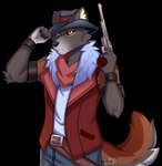 anthro armband belt clothing cowboy fur furred_clothing grey_body grey_fur gun handgun male multicolored_body ranged_weapon revolver sleeveless_shirt solo topwear vest weapon wristband yellow_eyes jackietk vtuber mark_moonfang canid canine canis mammal wolf alpha_channel