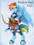 2015 absurd_res ambris anthro anthrofied blue_body blue_feathers blue_fur bow_(weapon) breasts clothing english_text equid equine feathered_wings feathers female friendship_is_magic fur hair hasbro hi_res holding_bow_(weapon) holding_melee_weapon holding_object holding_ranged_weapon holding_sword holding_weapon mammal melee_weapon multicolored_hair multicolored_tail my_little_pony mythological_creature mythological_equine mythology pegasus pink_eyes rainbow_dash_(mlp) rainbow_hair rainbow_tail ranged_weapon smile solo sword tail text weapon wings