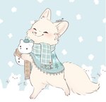 ambiguous_gender blush cheek_tuft eyes_closed facial_tuft fur head_tuft holding_object inner_ear_fluff outside scarf smile snow snowing snowman solo tuft walking white_body white_fur memegmu arctic_fox canid canine fox mammal true_fox 2023 digital_media_(artwork) hi_res signature