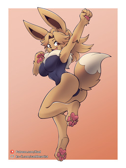 anthro anthrofied big_breasts breasts brown_body butt chest_fur clothing female fur hair happy jumping leotard long_hair looking_at_viewer low-angle_view multicolored_body multicolored_fur pawpads paws pokemorph raised_arm swimwear thick_thighs wide_hips xael_the_artist nintendo pokemon eevee eeveelution generation_1_pokemon pokemon_(species) 3:4 absurd_res hi_res