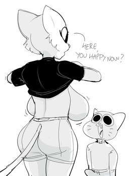 age_difference anthro back_boob big_breasts big_butt breasts butt clothed clothing clothing_lift dialogue duo erection erection_under_clothing exposed_breasts exposure_to_minor female flashing flashing_breasts huge_breasts larger_female male male/female older_female open_mouth shirt shirt_lift shota simple_background size_difference smaller_male smile text topwear young young_anthro younger_male dbaru cartoon_network microsoft prequel_adventure the_amazing_world_of_gumball the_elder_scrolls gumball_watterson katia_managan domestic_cat felid feline felis khajiit mammal 2021 crossover digital_media_(artwork) english_text hi_res monochrome