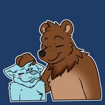 1:1 2023 anthro bear bearphones blue_background blue_body blush brown_bear brown_body brown_fur digital_drawing_(artwork) digital_media_(artwork) duo eyes_closed flat_colors fur grizzly_bear hi_res male mammal neck_tuft outline peperott petting petting_head reaction_image satisfied simple_background smile tuft ursine white_outline ych_(character)
