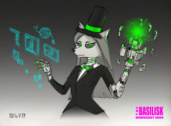 abstract_background anthro black_clothing black_sclera clothed clothing female fur green_eyes hat headgear headwear hologram holographic_screen looking_at_viewer neck_bow solo suit weapon white_body white_fur 10ne-v c++ nickelodeon spongebob_squarepants patrick_star canid canine canis mammal wolf 2022 absurd_res hi_res