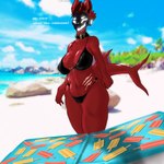 anthro beach big_breasts black_clothing black_panties black_topwear black_underwear breasts butt clothed clothing collar female fur hair looking_at_viewer machine open_mouth panties red_body red_hair scar shark_tail smile solo tail text topwear underwear visor asteriusfongrif eve_(asteriusfongrif) fish hybrid mammal marine protogen shark 1:1 absurd_res digital_media_(artwork) english_text hi_res shaded