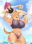 abs biceps big_breasts breasts carrying_another clothed clothing duo eyes_closed female hair legs_in_water muscular muscular_female partially_submerged purple_hair submerged_legs tail tail_motion tailwag water airisubaka felicia_(krekk0v) leah_(airisubaka) animal_humanoid canid canid_humanoid canine canine_humanoid dog_humanoid human humanoid mammal mammal_humanoid 2020 hi_res