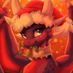 blue_eyes christmas_clothing christmas_headwear clothing collar dragon_wings female feral hat headgear headwear holidays holly_(plant) horn looking_at_viewer markings object_in_mouth plant purple_body purple_skin red_body santa_hat smile smiling_at_viewer solo spiked_collar spikes wearing_collar wings joeumbre activision christmas mythology spyro_the_dragon cynder dragon mythological_creature mythological_scalie scalie 1:1 bust_portrait digital_drawing_(artwork) digital_media_(artwork) hi_res portrait