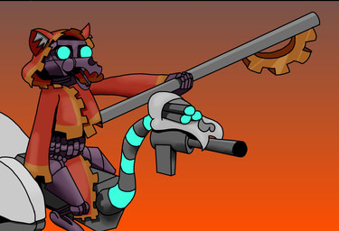 adeptus_mechanicus ambiguous_gender anthro battlecry blue_eyes duo feral machine purple_body simple_background tshackddegen robot hi_res