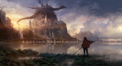 ambiguous_gender boots bridge castle city cliff cloak clothing cloud detailed_background duo feral footwear grass hair horn long_neck long_tail melee_weapon membrane_(anatomy) membranous_wings outside plant reflection shoes sky smoke standing sunset sword tail torn_clothing tower water waterfall weapon wings yo_shimizu european_mythology mythology dragon human mammal mythological_creature mythological_scalie scalie western_dragon hi_res shaded