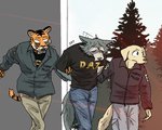 anthro arrested clothed clothing countershading group humor jacket male outside plant police shirt text text_on_clothing text_on_jacket text_on_shirt text_on_topwear topwear tree trio dat_(artist) beastars go_to_horny_jail bill_(beastars) jack_(beastars) legoshi_(beastars) bengal_tiger bird_dog canid canine canis domestic_dog felid hunting_dog labrador mammal pantherine retriever tiger wolf 5:4 english_text meme