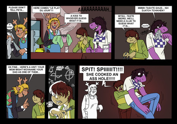 anthro antlers appliance apron blonde_hair bottomwear brown_body brown_hair buckteeth checkered checkered_clothing checkered_sweater checkered_topwear chewing clothing container cooking_pot corpse cup cutlery dark_hair dialogue eating eyes_closed female fork freckles fridge furniture glass glass_container glass_cup group hair hair_over_eyes holding_another holding_by_neck horn humor inside kerchief kitchen_appliance kitchen_knife kitchen_utensils knife male neckerchief neckwear pants pattern_clothing pattern_sweater pattern_topwear purple_body purple_skin rag red_nose sharp_teeth shirt short_hair smile speech_box steam sweater table talking_to_another teeth text tools topwear trio monterrang deltarune undertale_(series) kris_dreemurr noelle_holiday susie_(deltarune) deer human lagomorph leporid mammal new_world_deer rabbit reindeer reptile scalie comic english_text hi_res