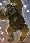 anthro biped bulge clothed clothing detailed_bulge erection erection_under_clothing genital_outline humanoid_hands kemono male musclegut muscular overweight overweight_male penis_outline wrestling_singlet hachirouta felid lion mammal pantherine 2023 absurd_res hi_res