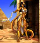 4_toes 5_fingers anthro black_hair breasts clothed clothing day detailed_background egyptian egyptian_clothing feet female fingers hair holding_melee_weapon holding_object holding_sword holding_weapon jewelry melee_weapon midriff navel necklace outside shendyt skimpy sky solo sword tail toes usekh weapon elvofirida domestic_cat felid feline felis mammal 2018 digital_media_(artwork)