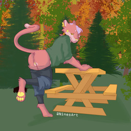 andromorph anthro clothed clothing exposed forest genitals intersex outside plant teasing tree vulva ninesart cougar domestic_cat felid feline felis mammal pantherine 1:1 hi_res trans_(lore) trans_man_(lore)