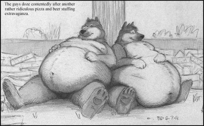 alcohol anthro beer belly belly_overhang beverage big_belly caption duo food lazy male naturally_censored navel nude obese overweight pizza text bd canid canine canis domestic_dog mammal english_text monochrome