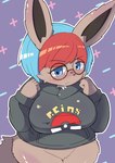 alternate_species anthro big_breasts biped blue_eyes blue_hair blush bottomless breasts brown_inner_ear chest_tuft clothed clothing crotch_tuft eyewear featureless_crotch female flesh_fang glasses grey_clothing grey_hoodie grey_topwear hair hip_tuft hoodie multicolored_hair pattern_background pointy_ears prick_ears red_hair simple_background solo tail tail_tuft topwear tuft two_tone_hair zokucyoo nintendo pokemon penny_(pokemon) eevee generation_1_pokemon mammal pokemon_(species) 2024 hi_res portrait three-quarter_portrait