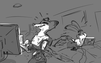 anthro chair clothed clothing computer duo electronics eyes_closed female fist_bump furniture gesture inside keyboard laptop lying male monitor sitting teeth nobby_(artist) disney doritos frito-lay zootopia judy_hopps nick_wilde canid canine fox lagomorph leporid mammal rabbit red_fox true_fox hi_res monochrome sketch