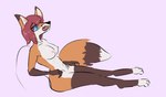 abs anthro big_breasts blue_eyes breasts fangs female fluffy fluffy_tail hair happy looking_up navel nipples open_mouth red_hair side_boob side_view sitting solo tail teeth fluorite canid canine fox mammal