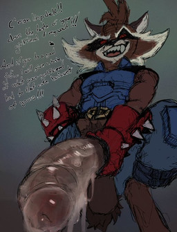 anthro balls big_penis bodily_fluids brown_body cuckold dialogue erection genital_fluids genitals glans huge_penis humiliation male male/male penis presenting presenting_penis red_sclera solo teasing teeth text vaginal_fluids tenacitrus guardians_of_the_galaxy marvel rocket_raccoon mammal procyonid raccoon english_text